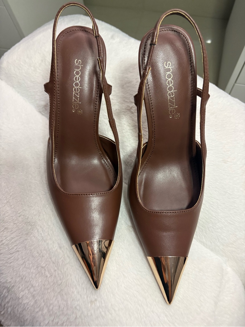 Shoe Dazzle Brown Pointed Toe Slingback Pumps with Gold Cap